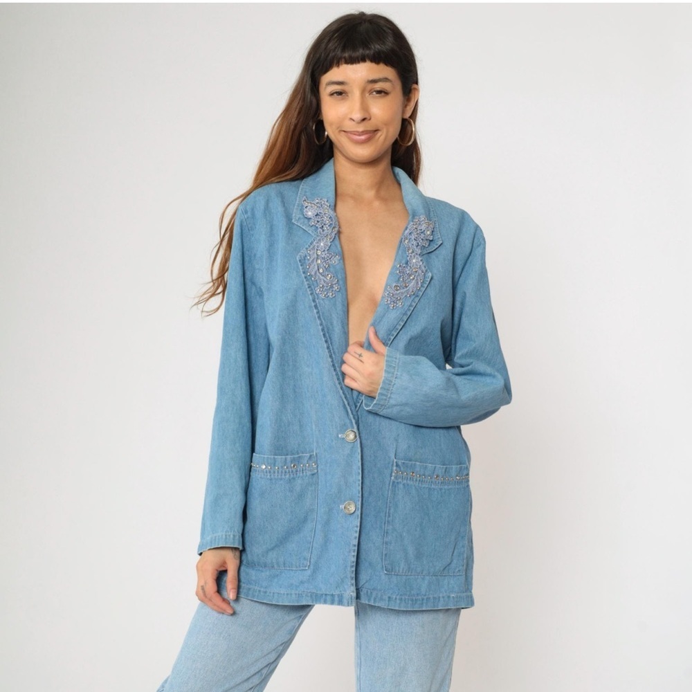 Vintage Blue Denim Blazer with Rhinestone Details
